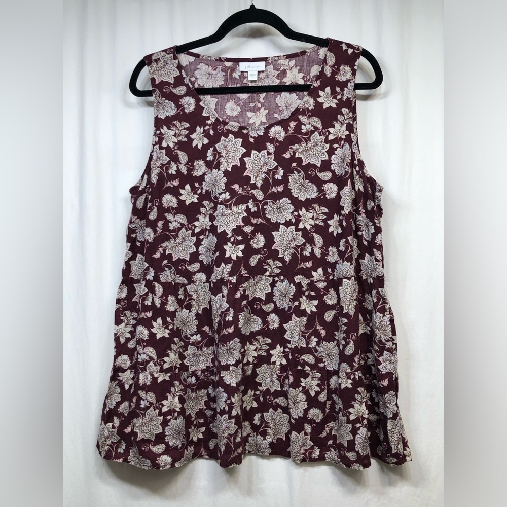J Jill Love Linen Red White Floral Sleeveless Tank Top Tunic Shirt Size Large